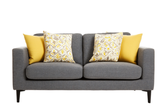 Modern grey fabric sofa with slim black legs, adorned with vibrant yellow and patterned cushions, adds stylish touch to any living space, creating cozy and inviting atmosphere
