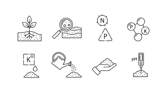 Hand drawn icons representing plant growth soil fertilization and agriculture science research vector