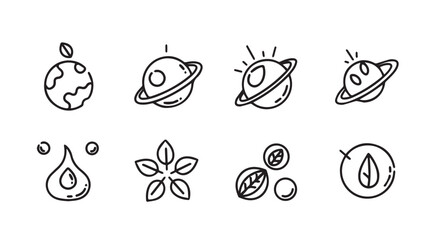 Whimsical collection of planet and nature icons representing eco-friendly concepts vector