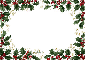 Festive border featuring Victorian holly leaf motif adorned with vibrant red berries and delicate gold accents, perfect for holiday decorations and seasonal greetings