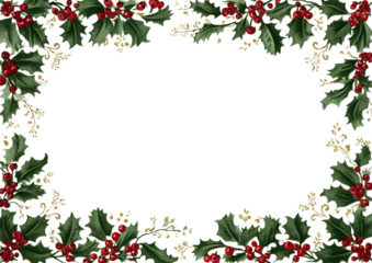 Festive border featuring Victorian holly leaf motif adorned with vibrant red berries and delicate gold accents, perfect for holiday decorations and seasonal greetings