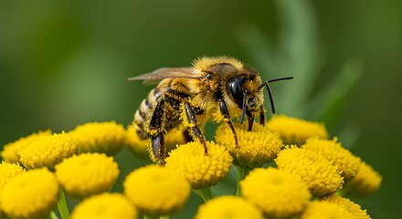 Close up of a bee pollinating vibrant yellow flowers in natural sunlight