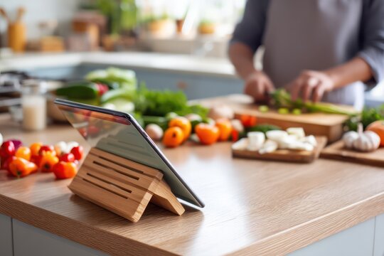 Tablet Mockup on Wooden Stand in Modern Kitchen Cooking Scene