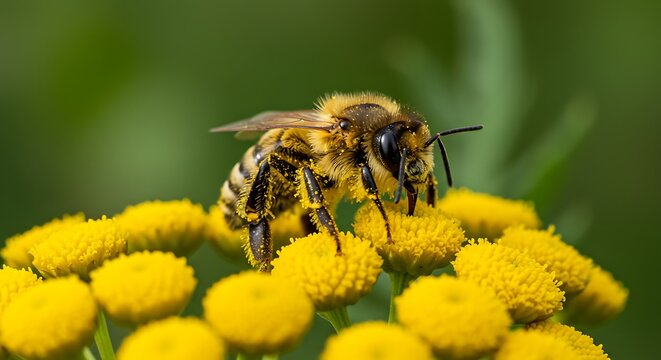 Close up of a bee pollinating vibrant yellow flowers in natural sunlight - Powered by Adobe