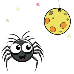 Cute cartoon spider with big eyes and a happy smile near a yellow moon and stars silhouette isolated on white background