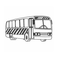 A detailed black and white illustration of a passenger bus in a silhouette style isolated on white background