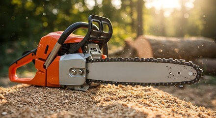 Close up of an orange chainsaw resting on a pile of sawdust with soft lighting