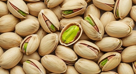 Close up of pistachios with open and closed shells on a neutral background