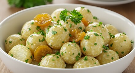 Close up of potato balls with herbs and mandarin orange slices in a bowl