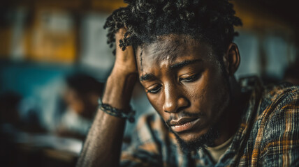 Stressed student struggles to focus during important exam in classroom