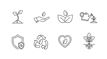 Set of simple hand-drawn icons representing nature growth and sustainability concepts vector