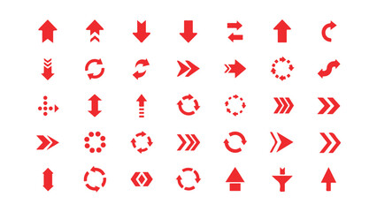 Collection of red arrows and directional symbols on white background