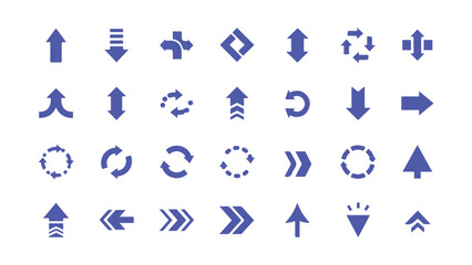 Collection of blue arrow icons and symbols on white background