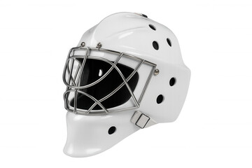 Fototapeta premium White hockey goalie mask with metal cage protecting the face, professional ice sport equipment on transparent background
