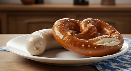 Close up of pretzel and sausage on a plate indoors with shallow depth of field