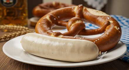 Close up of pretzel with sausage on a white plate with beer
