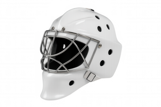 White hockey goalie mask with metal cage protecting the face, professional ice sport equipment on transparent background - Powered by Adobe