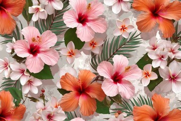 Seamless background pattern with vibrant hibiscus and plumeria flowers