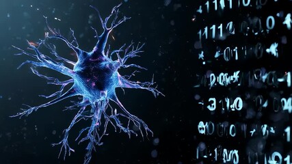 A glowing neuron next to binary code in a dark background - Powered by Adobe