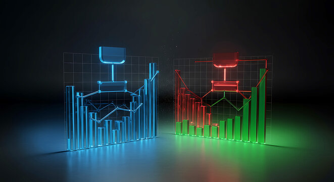 Abstract business charts with flow diagram show increasing and decreasing progress