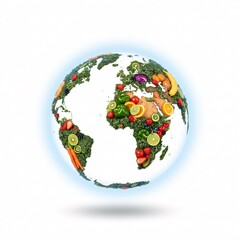Fototapeta premium A model of planet Earth, covered with green vegetables and fruits, glowing