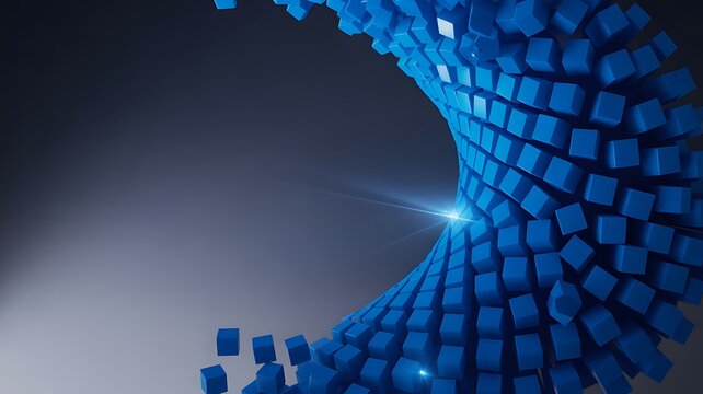 Abstract blue cubes forming a swirling vortex shape with a glowing light in the center