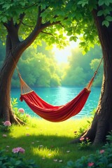Tranquil Summer Hammock Gentle Breeze, Lush Green Canopy, Peaceful Escape