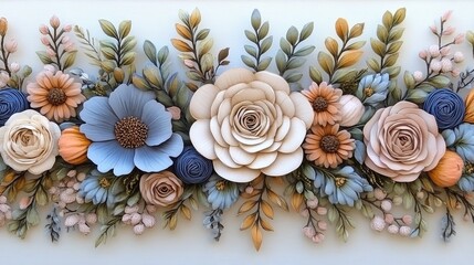 Fototapeta premium A beautiful floral border showcases an array of blue, pink, and orange flowers against a light white backdrop, perfect for invitations