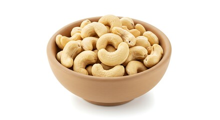 Close up of roasted cashew nuts in a small bowl on a white background