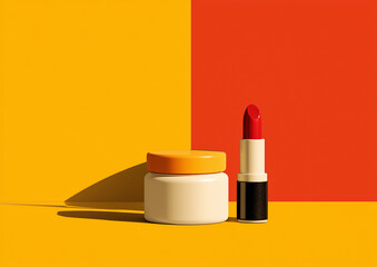 Cream jar and lipstick on a bright contrasting geometric background, 1950s movie poster style, bold colors, minimalist composition, retro pop art, cinematic vibes.

