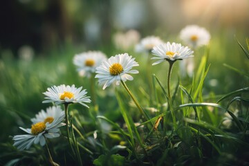 Fototapeta premium Field of white daisies blooming in lush green grass with sunlit background