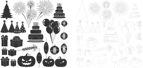 Vector art of festive celebration elements a collection of party decorations, treats, and symbols of joyous occasions in black silhouette silhouette