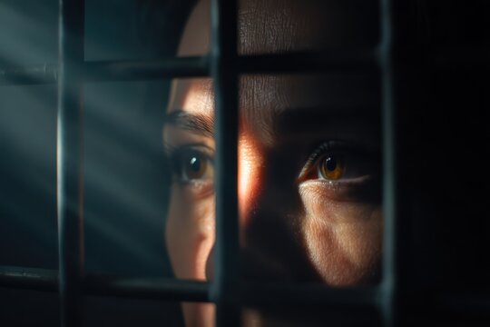 Woman trapped behind bars, suffering from mental illness in dark room - Powered by Adobe