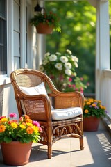 Rustic Cane Chair on Sun-Drenched Porch with Vibrant Summer Blooms, Idyllic Summer Relaxation Scene, Perfect for Home Decor and Summer Vibes