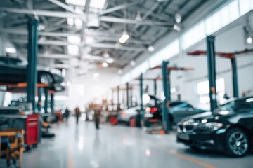 Automobile repair service center with out of focus backdrop. Car service center, blurred no focus background auto on lift, mechanics working in the garage. Defocused auto workshop, blur. Banner.