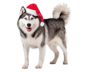 Happy Husky Wearing Santa Hat, Standing with Tail Wagging, Isolated on Transparent Background, Festive Cheerful Holiday Concept