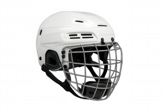 White ice hockey helmet with protective face mask, symbolizing sports safety and player protection