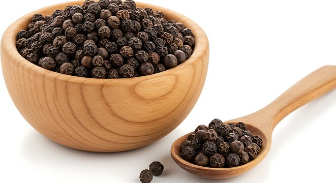 Close up of black peppercorns in wooden bowl and spoon on white surface