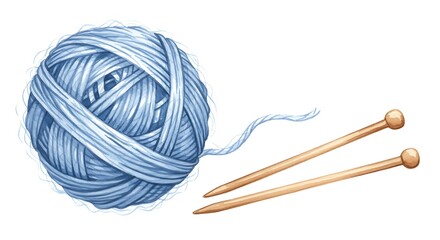 Close up of blue yarn ball and knitting needles on white background