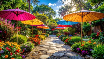 Vibrant Garden Path Lined With Colorful Umbrellas And Blooming Flowers Bathed In Golden Sunlight