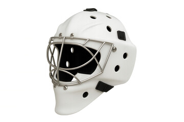Fototapeta premium White ice hockey goalie helmet with metal cage offering protection for sports and winter game athletes