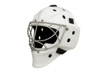 White ice hockey goalie helmet with metal cage offering protection for sports and winter game athletes