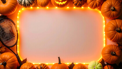 Festive pumpkin frame with glowing lights and autumn leaves creating warm Halloween mood