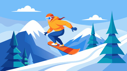 Vector illustration of orange-clad snowboarder mid-jump on snowy mountain. Winter sports advertisement concept
