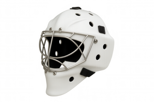 White ice hockey goalie helmet with metal cage offering protection for sports and winter game athletes