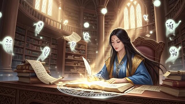 Enchantress Scribes Ancient Lore Amidst Floating Spirits in Mystical Library