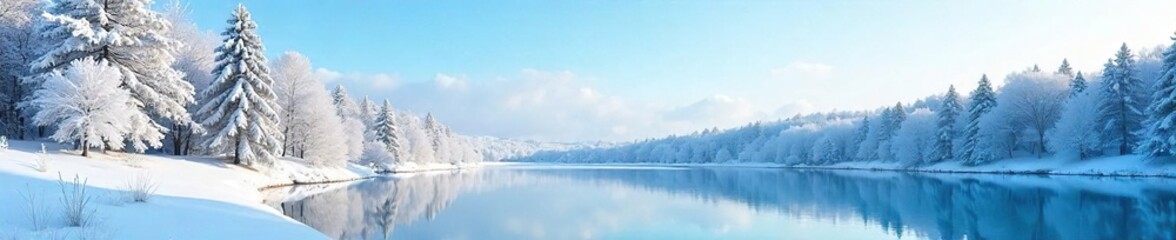 Fototapeta premium Pristine Winter Landscape Snow-Covered Trees and Frozen Lake Reflecting a Serene Blue Sky, Perfect for Winter Wonderland Projects
