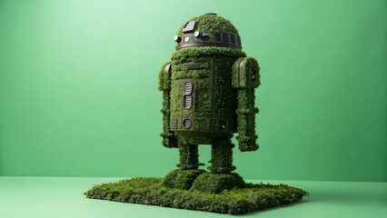 Green topiary sculpture shaped like a robot or droid figure combining futuristic technology and natural plant design