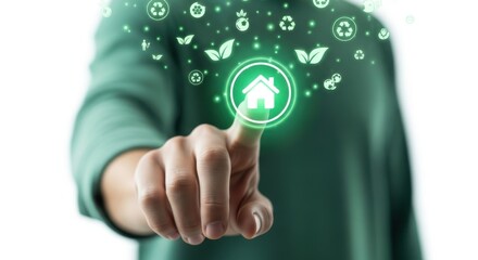 Person's finger interacting with glowing green eco-friendly digital interface symbols