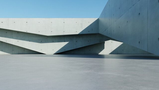 3d render of abstract modern concrete architecture background, Minimal geometry architectural design, Car presentation backdrop with empty concrete floor, Geometric white blocks building design